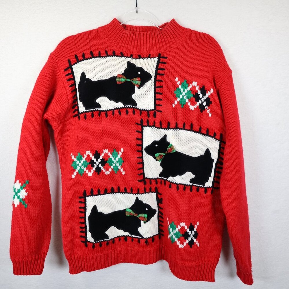 Karen Scott Vintage Sweater Size L Pullover Crewneck Red‎ Scottie Dog Christmas